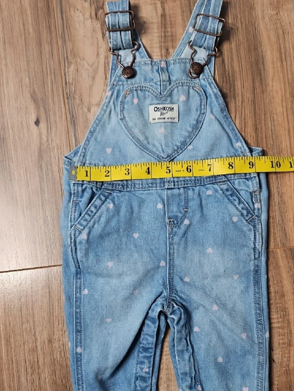 OshKosh B'gosh Light Blue Denim Heart Pocket Overalls with Pink Hearts 6 Months